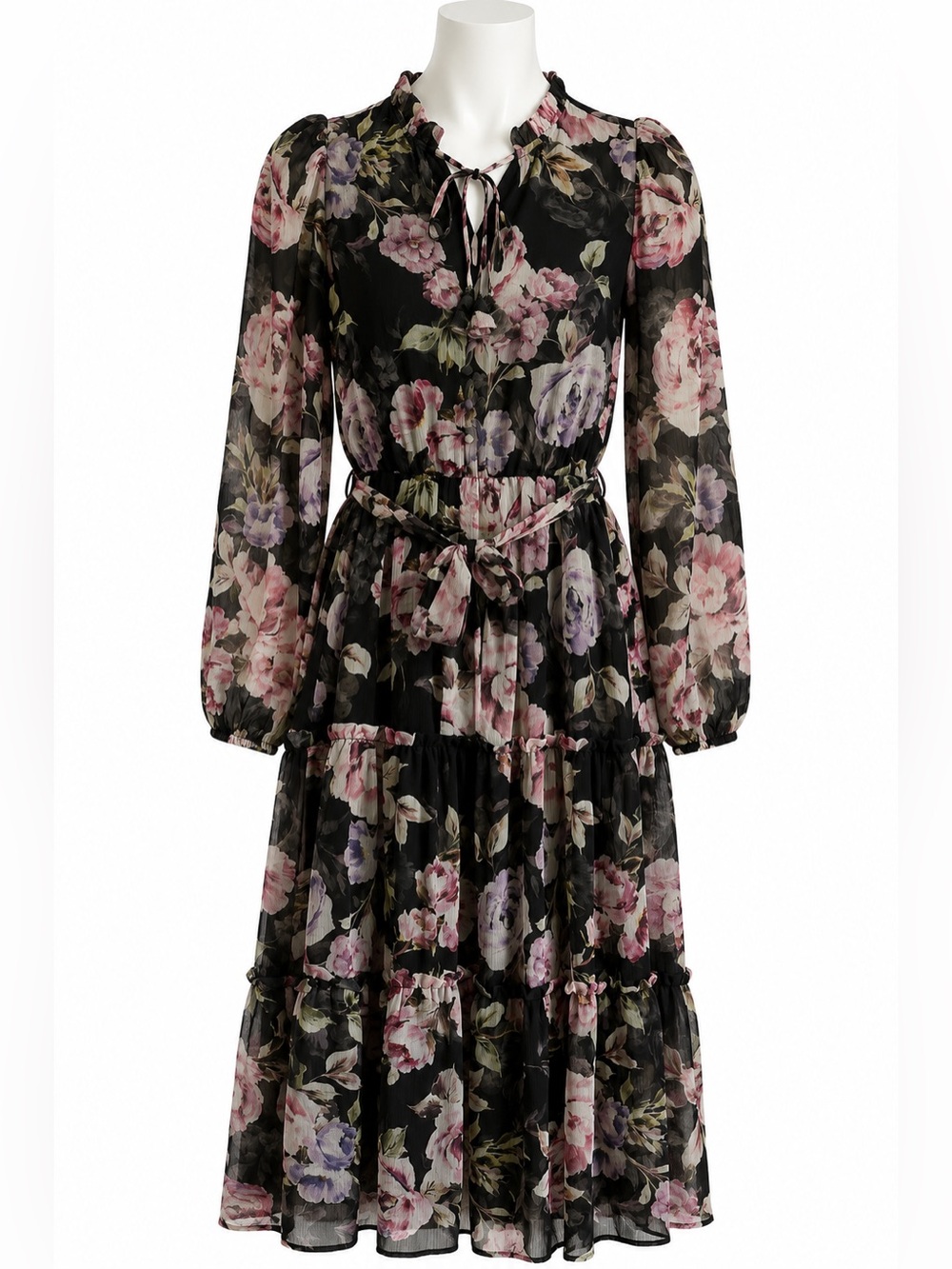 Size S Tamara H. Women’s Floral Sheer Tiered Midi Dress Romantic Boho